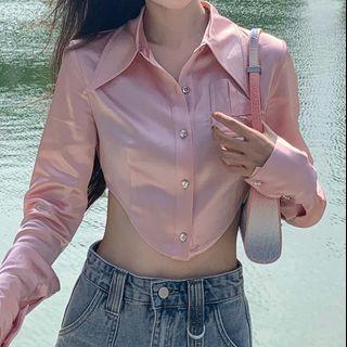 Long-sleeve Lapel Plain Satin Cropped Shirt As Shown In Figure - One Size