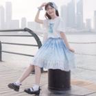 Crane Print Short-sleeve T-shirt / A-line Skirt