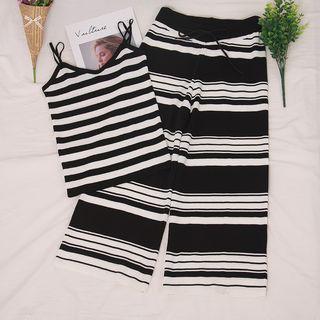 Set: Spaghetti Strap Striped Knit Top + Wide-leg Pants