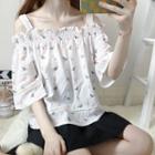 Cold-shoulder Elbow-sleeve Printed Top