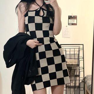Halter Top Check Sheath Dress / Cardigan