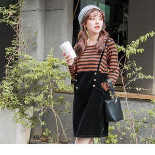 Velvet Panel Buttoned Mock Two Piece Striped Dress
