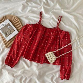Lantern-sleeve Off-shoulder Suspender Shirt