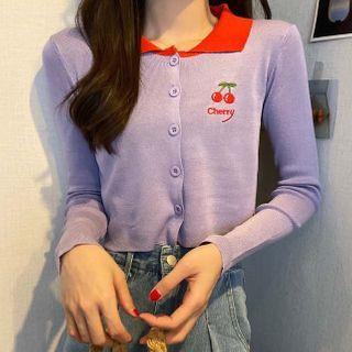 Collared Cherry Embroidered Knit Top