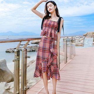 Set: Smocked Plaid Camisole + Midi Plaid A-line Skirt