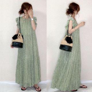 Sleeveless Ruffle Lace Maxi Shift Dress Green - One Size