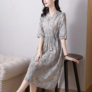 Elbow-sleeve Flower Print Drawstring Midi A-line Dress