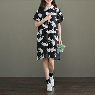 Elephant Print Short-sleeve Shirt Dress