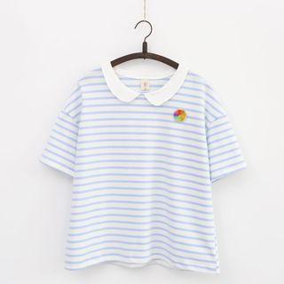 Striped Short-sleeve Collared T-shirt With Brooch