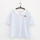Striped Short-sleeve Collared T-shirt With Brooch