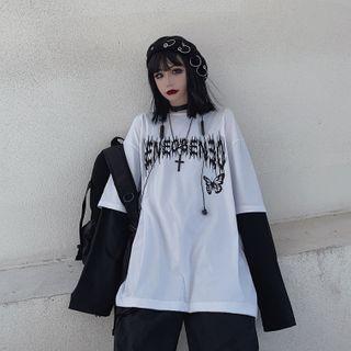 Mock Two-piece Butterfly Print Long-sleeve T-shirt