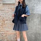 Elbow-sleeve Shirt / Buttoned Vest / A-line Mini Pleated Skirt / Tie