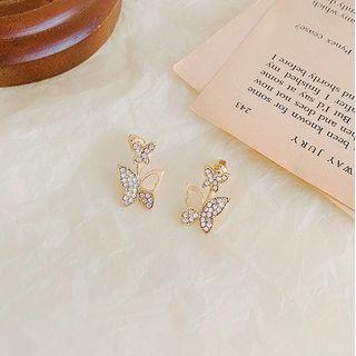 Rhinestone Butterfly Earring 1 Pair - 925 Silver Needle Earring - White Butterfly - Gold - One Size