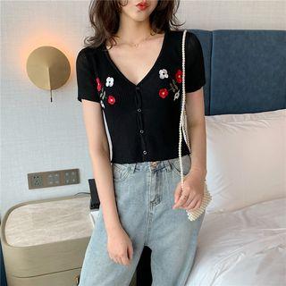 Floral Embroidered V-neck Short Sleeve Top
