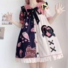Short-sleeve Bear Print Bow Accent Mini A-line Dress / Cat Ear Headband / Set