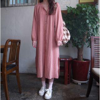 Plain Midi Buttoned Long Sleeve Dress