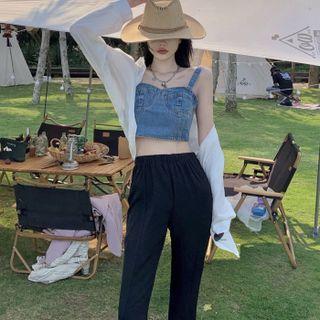 Denim Cropped Camisole Top / Plain Shirt / Slit-hem Boot-cut Pants
