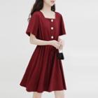 Short-sleeve Square-neck Mini A-line Dress Red - One Size