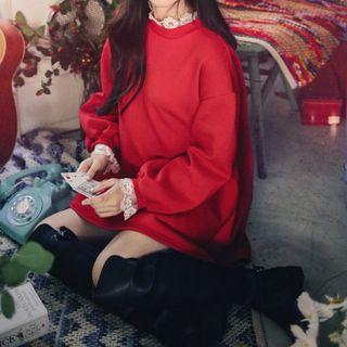 Lantern-sleeve Lace Panel Mini Sweater Dress