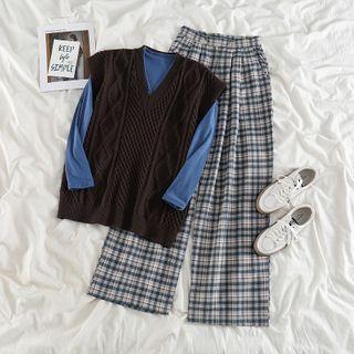 Long-sleeve T-shirt / Cable Knit Sweater Vest / Plaid Wide Leg Pants