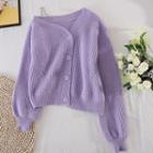 V-neck Knit Long-sleeve Cardigan Purple - One Size