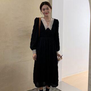 Long Sleeve V Neck Lace Trim Dress