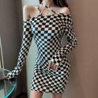 Long-sleeve Checkerboard Mini Dress