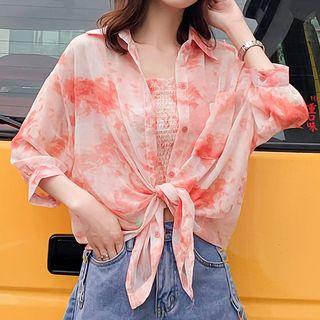 Set: Smocked Camisole + Elbow-sleeve Printed Blouse Camisole - Pink - One Size / Blouse - Pink - One Size