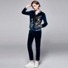 Set: Striped Velvet Bird Embroidery Zip Jacket + Harem Sweatpants