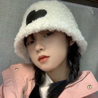Heart Applique Faux Shearling Bucket Hat