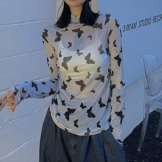 Long-sleeve Print Sheer T-shirt Light Blue - One Size