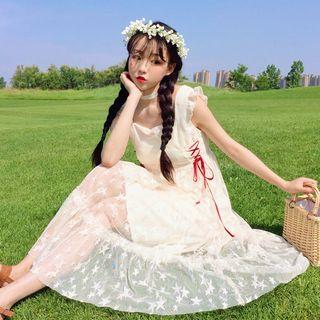 Flutter Strap Lace-up Midi A-line Mesh Dress Almond - One Size