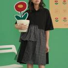 Plaid Mesh Panel Short-sleeve Polo Dress