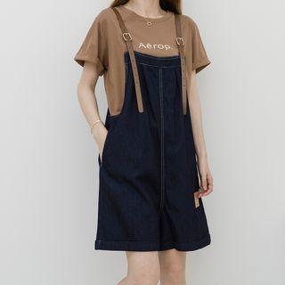 Set: Short-sleeve T-shirt + Wide-leg Denim Jumper Shorts