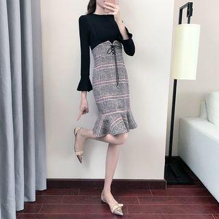 Set: Flare-sleeve Knit Pullover + Plaid A-line Skirt