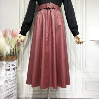 Belted Faux Leather A-line Midi Skirt