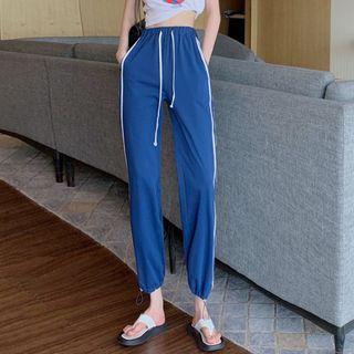 Striped Gathered Cuff Pants Blue - One Size