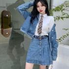 Double-breasted Denim Jacket / Mini Pencil Skirt / Plain Shirt