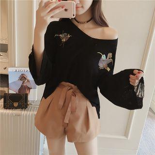 Bird Embroidered Distressed Sweater