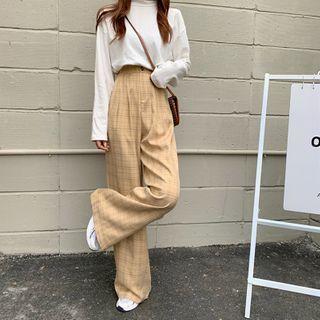 Plaid Wide-leg Pants Light Khaki - One Size