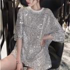 3/4-sleeve Sequined Mini T-shirt Dress