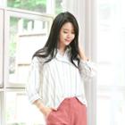 Mandarin-collar 3/4-sleeve Stripe Shirt