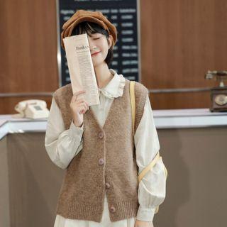 V-neck Button-up Sweater Vest Brown - One Size