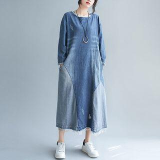 Long-sleeve Distressed Midi A-line Denim Dress