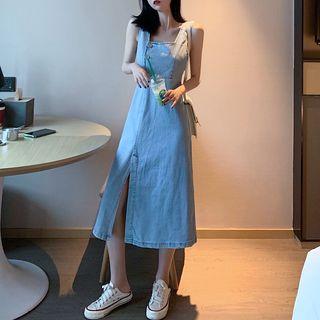 Wide Strap Midi A-line Split Denim Dress