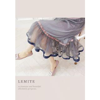 Band-waist Tulle-hem Midi Skirt