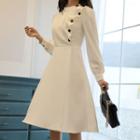 Mock-neck Button-detail A-line Dress