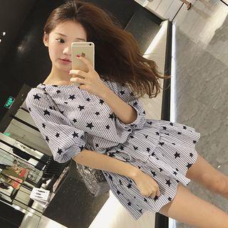 Short-sleeve Star Print Striped Mini A-line Dress