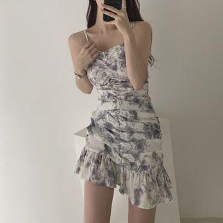Spaghetti Strap Printed Shirred Ruffle-hem Mini Dress