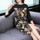 Elbow-sleeve Floral Panel Midi Chiffon Dress